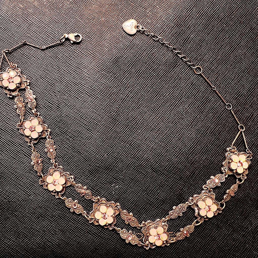 Vintage Floral Pendant Necklace Pink Crystals & Marcasites; Sterling Silver